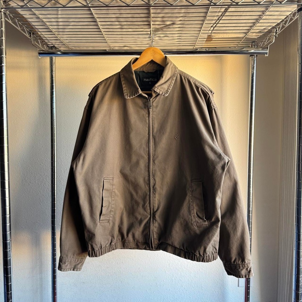 Nautica Mens XL Plaid Lined Harrington Jacket Olive Brown Full Zip Workwear Y2K